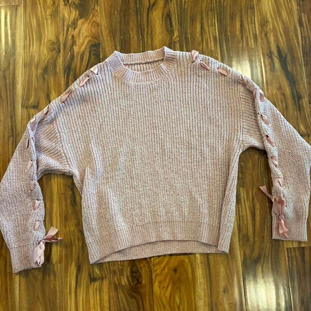 Pink and cream knitted sweater with ribbon detailing #women #winter #knitted